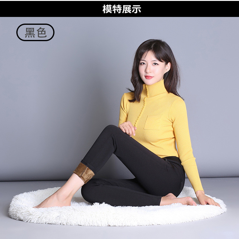 伊奈琳/YINAILIN 2017秋冬加绒打底裤女款外穿高腰裤大码女裤加厚紧身保暖黑色长裤