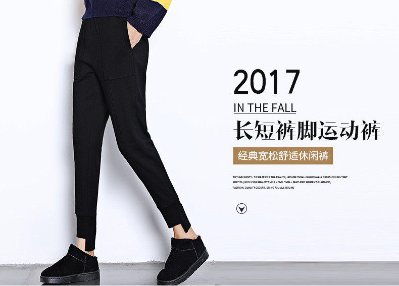 伊奈琳/YINAILIN 黑色加绒运动裤女2017秋冬新款小脚哈伦裤宽松显瘦加厚休闲裤棉裤