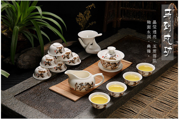 锦溢 白瓷功夫玉瓷茶具 整套礼盒茶具 礼品茶具茶盘 14头 礼盒装 多种款式可选