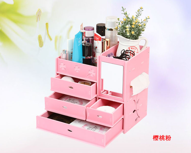 爱简仕 大号木塑板桌面整理收纳盒抽屉带镜子化妆品梳妆盒收纳箱--粉色