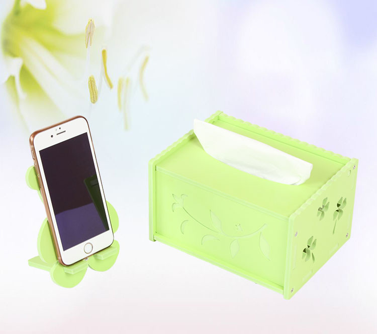 爱简仕 可爱木塑板纸巾盒DIY镂空雕花浮雕纸巾抽桌面收纳整理盒抽纸盒 绿色款