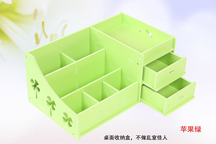 爱简仕 桌面收纳盒木塑板化妆品收纳盒梳妆台抽屉式化妆盒 绿色款