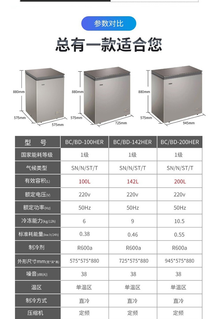 海尔/Haier 冰柜家用小型冷藏冷冻保鲜柜超低温小冰柜卧式商用冷柜 BC/BD-200HER