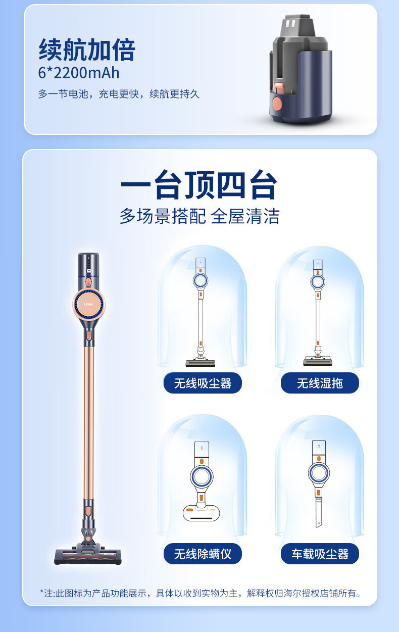 海尔/Haier 无线手持家用吸尘器轻量机身立式便携挂墙三挡调速HZ-G7B