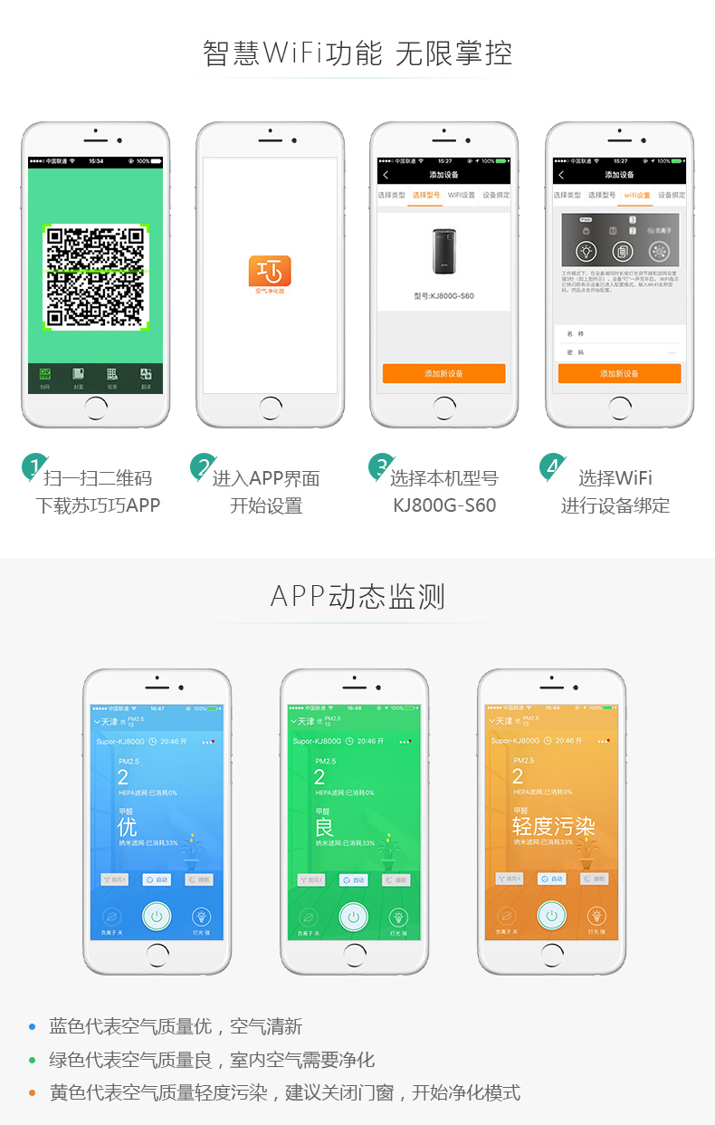 苏泊尔/SUPOR 空气净化器家用除甲醛二手烟尘抑菌抗雾霾静音甲醛分解KJ800G-S60