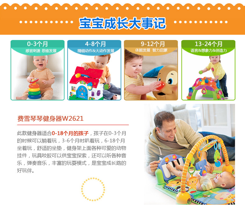 费雪(Fisher Price) 健身架脚踏琴多功能音乐钢琴正品婴儿玩具健身器W2621