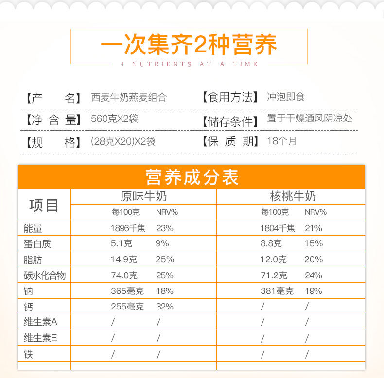 包邮西麦西澳阳光原味牛奶燕麦片560gX2袋 即食免煮