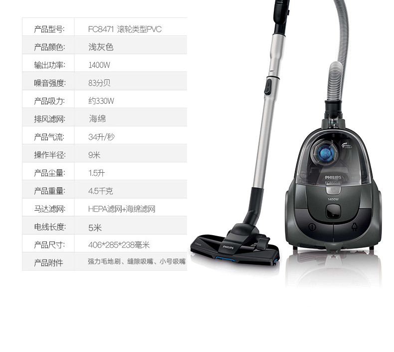 飞利浦/PHILIPS 吸尘器除螨家用静音大功率迷你小型吸尘器吸尘机 FC8516/81 午夜蓝