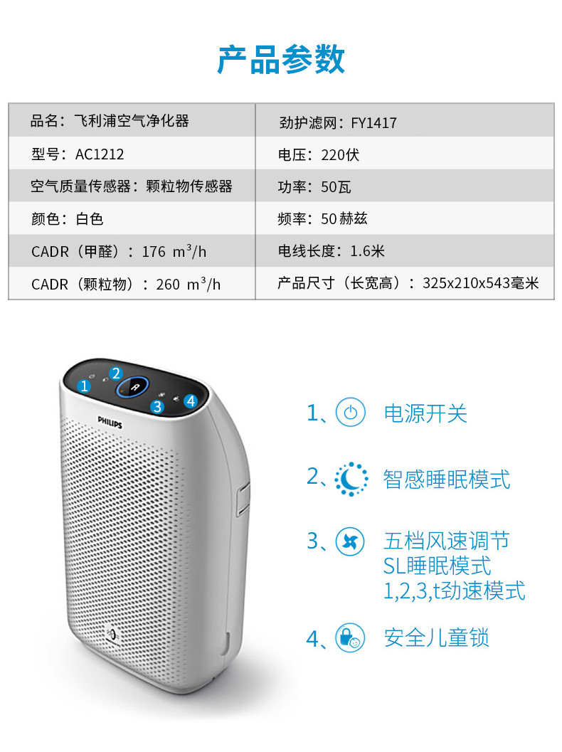 飞利浦/PHILIPS 空气净化器家用除甲醛二手烟PM2.5智感睡眠模式 AC1212