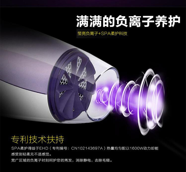飞利浦/PHILIPS 吹风机家用 可折叠电吹风 便携大功率 负离子吹风筒 绚魅紫BHC113/05
