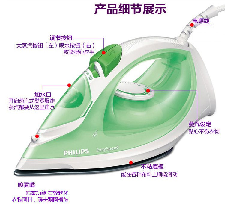 飞利浦/PHILIPS 蒸汽电熨斗GC1025/78家用大功率1400瓦电烫斗不黏底板涂层