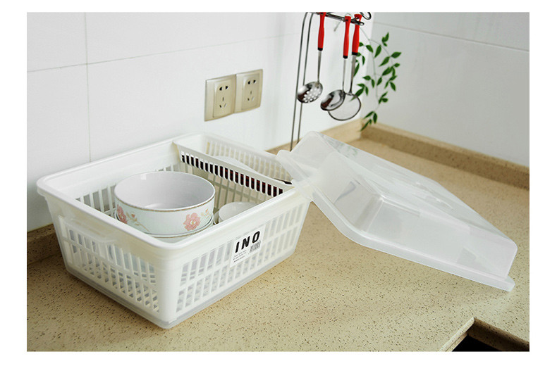 INOMATA 日本进口双层带盖碗架餐具沥水架放碗架整理架 滤碗架厨房置物架