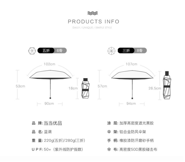 当当优品 迷你五折口袋黑胶晴雨伞 折叠太阳伞 蓝调外花