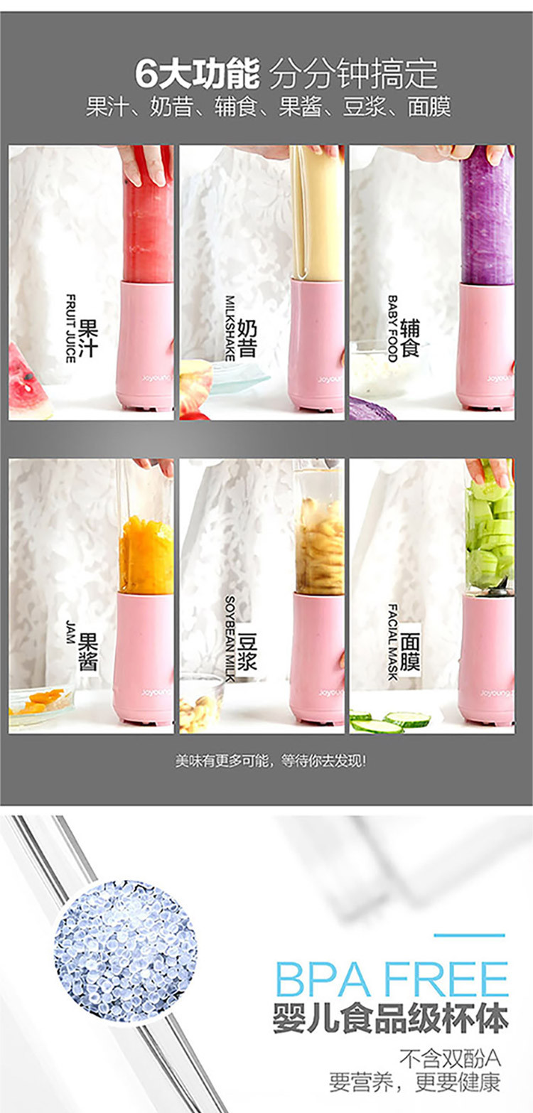 九阳 家用水果便携式电动多功能料理果汁机单杯单刀粉色C1
