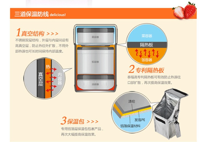 泰福高TAFUCO臻享保温饭盒1500ml不锈钢本色T0042、桃粉色T0047两色可选