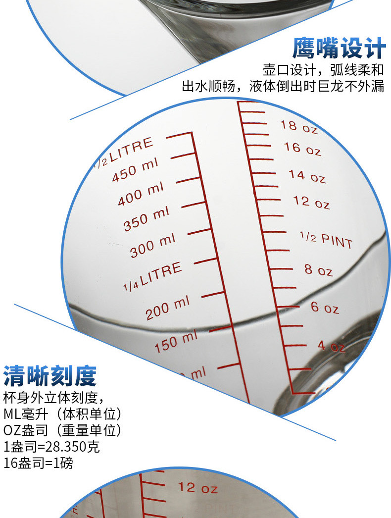 帕莎帕琦Pasabahce欧洲进口无铅钢化玻璃量杯牛奶烘焙计量杯带刻度大容量玻璃热牛奶杯耐热可微波