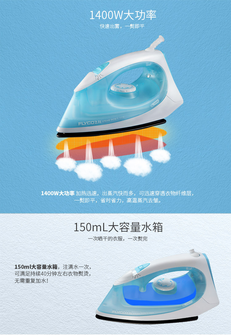 飞科(FLYCO)FI-9309蒸汽电熨斗 1400W（天空蓝）