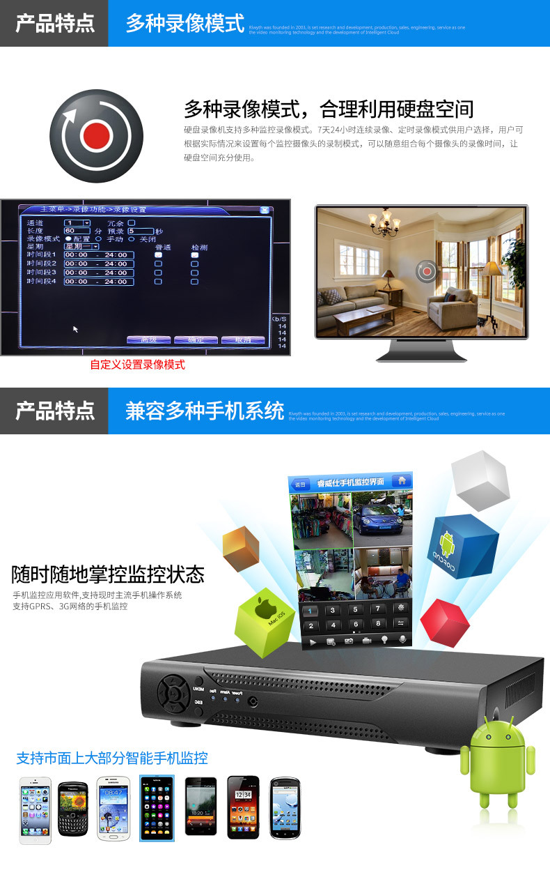 睿威仕 AHD高清4路1080P同轴硬盘录像机 手机网络监控主机 HDMI