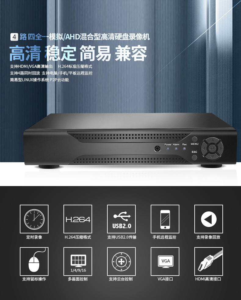 睿威仕 AHD高清4路1080P同轴硬盘录像机 手机网络监控主机 HDMI