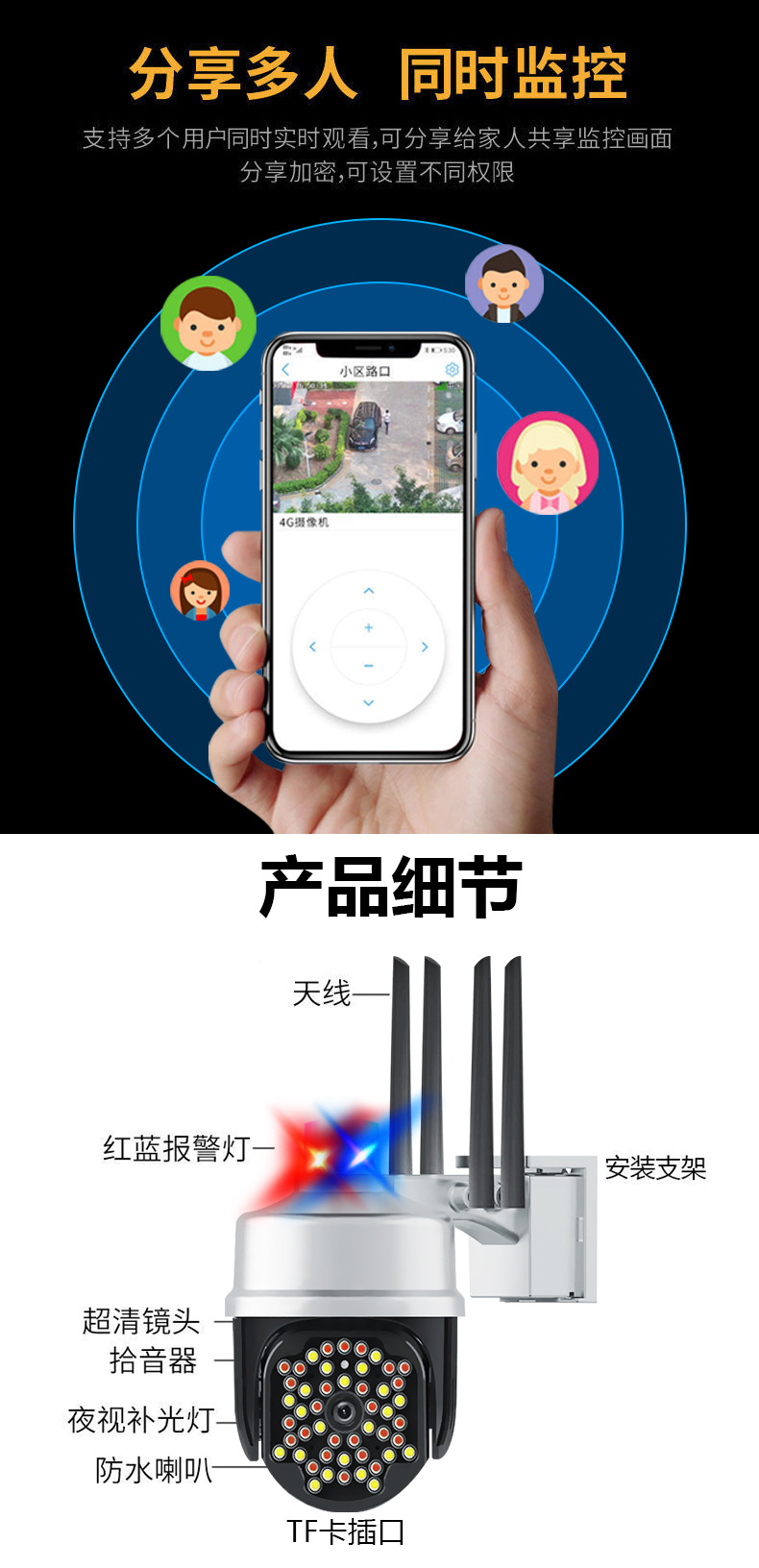 无线双闪报警摄像头室外家用360度连手机远程高清夜视wifi监控器