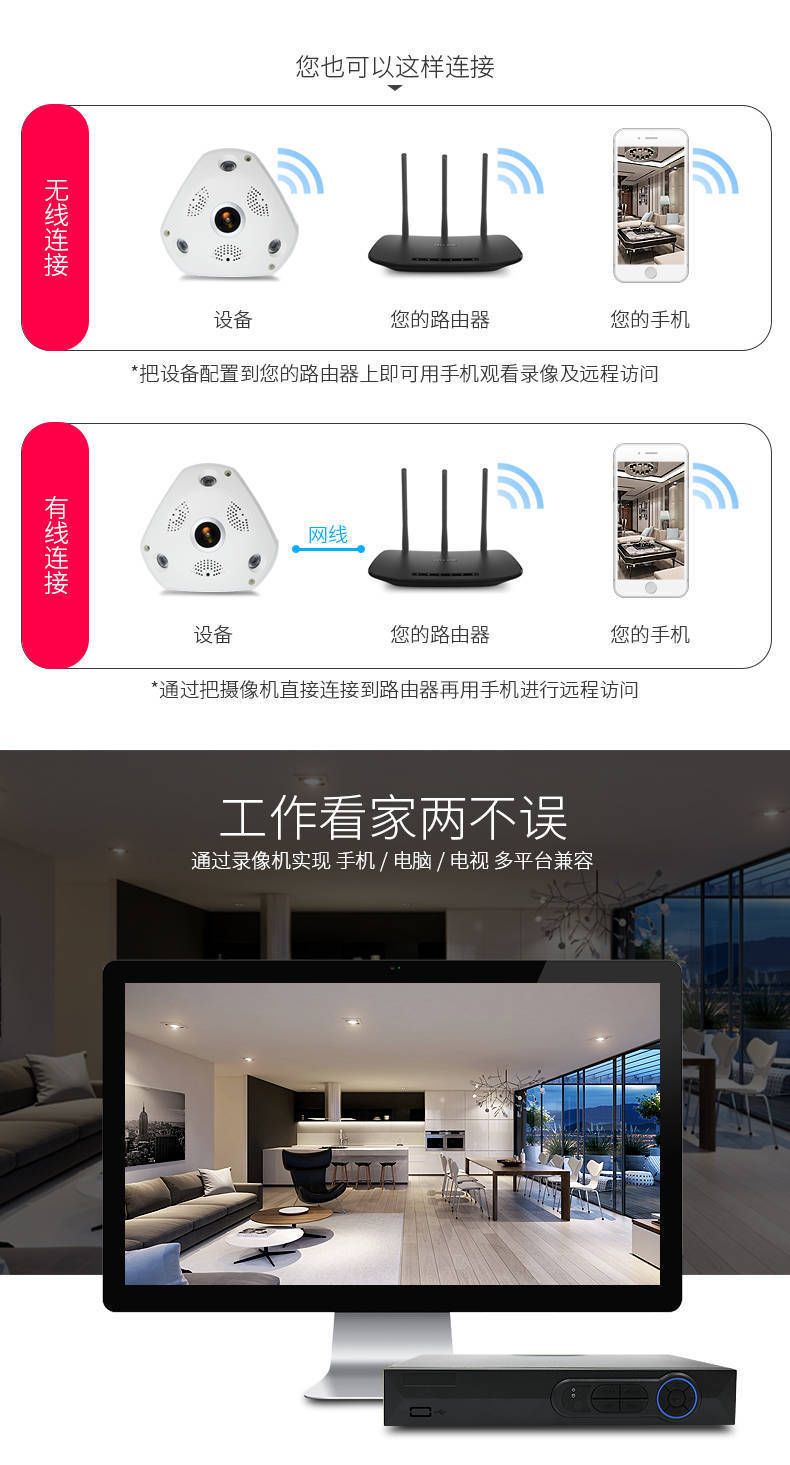 全景vr鱼眼摄像头 360度无死角VR智能高清WiFi无线网络监控摄像机