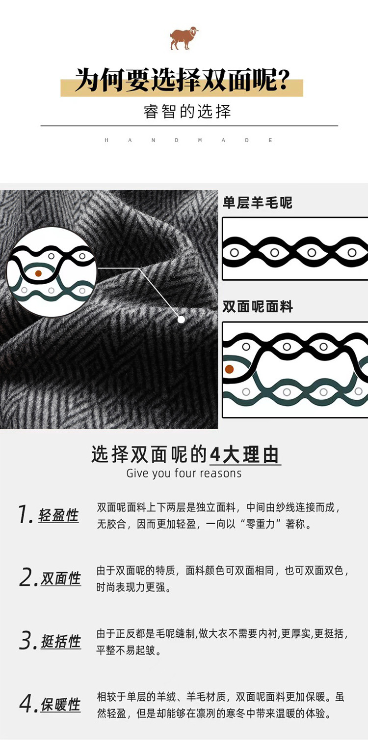 莱诗伯特 含桑蚕丝脱卸羽绒内胆人字纹羊毛双面呢大衣中长羊毛823568