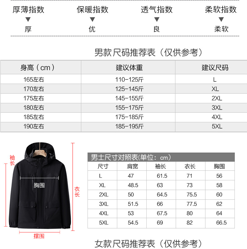 吉普盾 秋冬户外羽绒冲锋衣男单层加厚加绒外套大码登山服