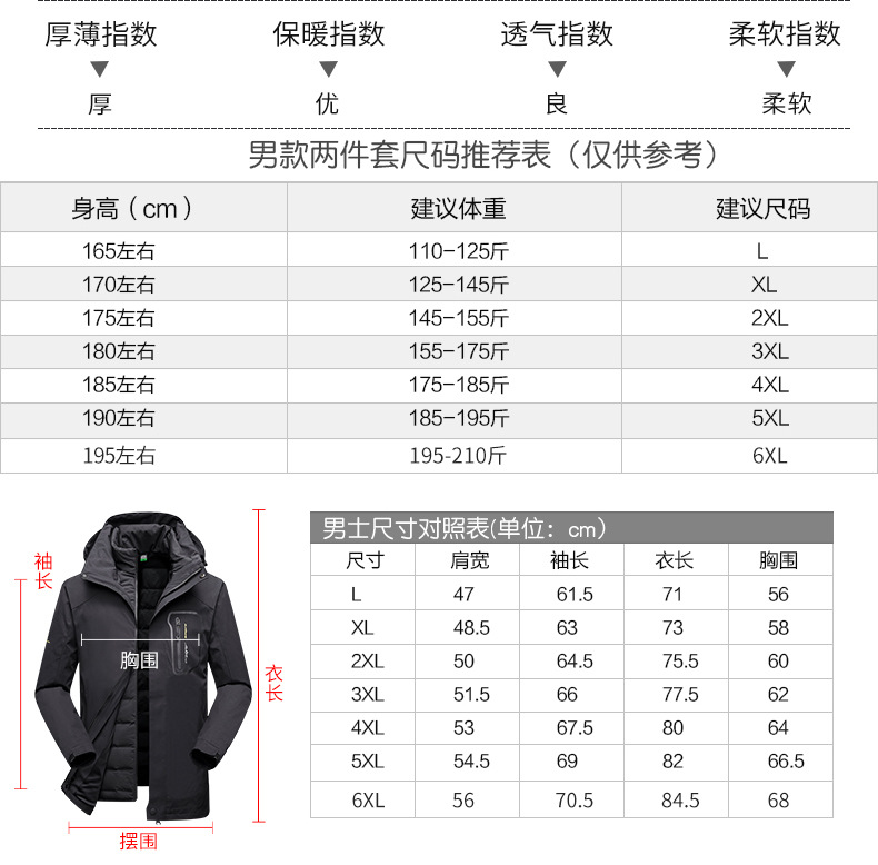 吉普盾 冲锋衣男防水防风潮牌三合一可拆卸外套情侣户外羽绒滑雪