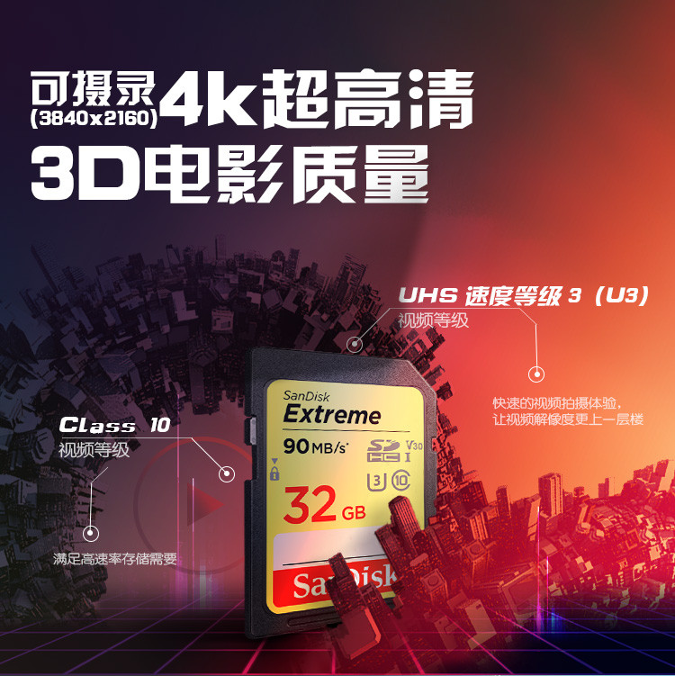 闪迪/SANDISK SD卡 64GB 读速90MB/s 写速40MB/s 至尊极速 存储卡