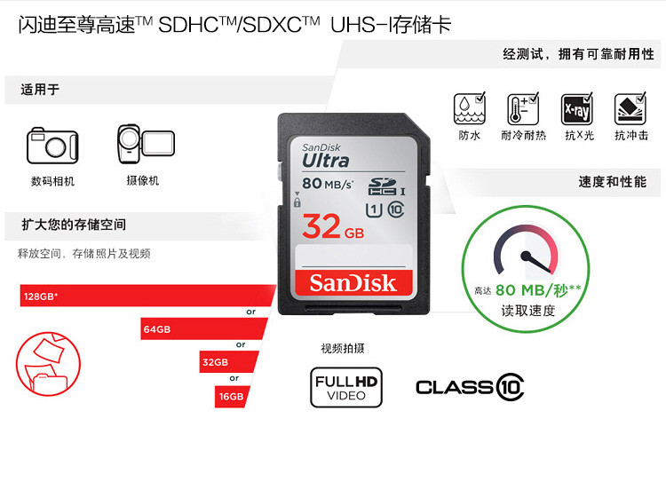 闪迪/SANDISK SD卡 128GB 读速80MB/s 至尊高速SDHC UHS-I存储卡