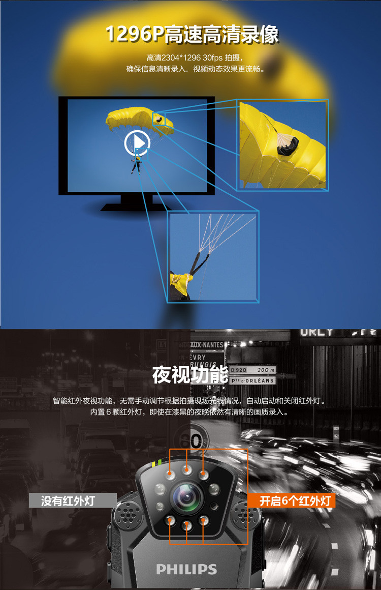 飞利浦/PHILIPS VTR8200 执法记录仪 便携音视频记录仪1296P高清红外夜视摄像机