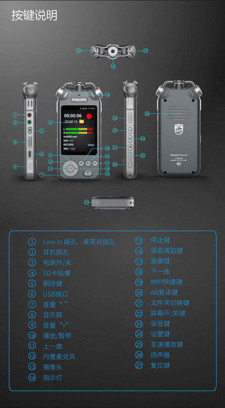 飞利浦（PHILIPS）VTR9200录音笔 32G语音转文本WIFI蓝牙数字降噪HIFI音乐播放器