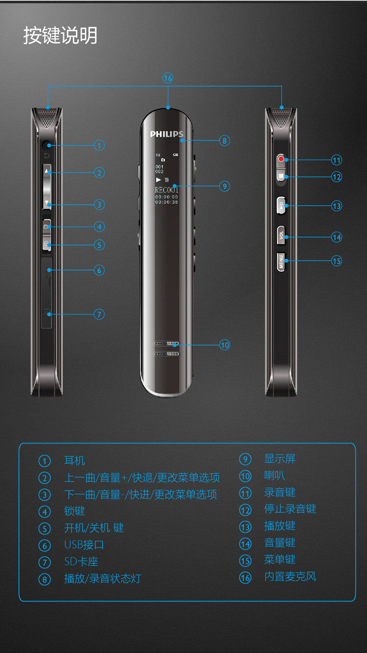 飞利浦/PHILIPS VTR5200 8GB 会议采访 双麦克风数码飞利浦录音笔