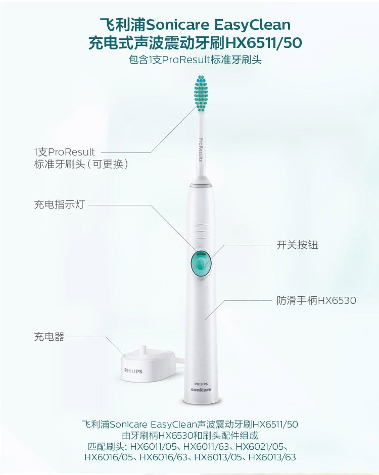 飞利浦(PHILIPS) 电动牙刷 成人声波震动(自带刷头*1) HX6511（新老包装随机发货）