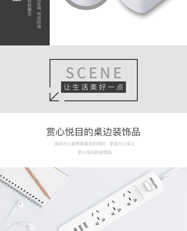  飞利浦（PHILIPS）USB插座 3USB2.4A+3位1.8米插座 儿童保护门 插排插线板