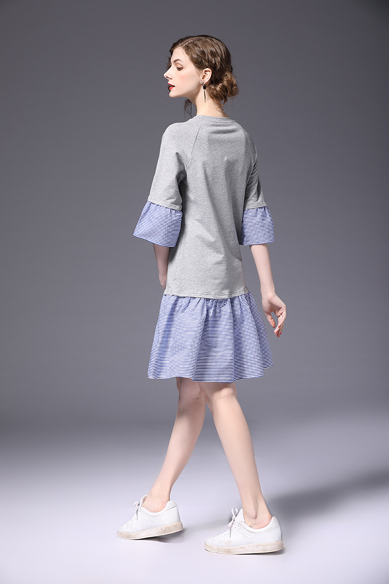 法米姿  春季新款女装韩版设计感拼接宽松大码喇叭袖假两件针织连衣裙