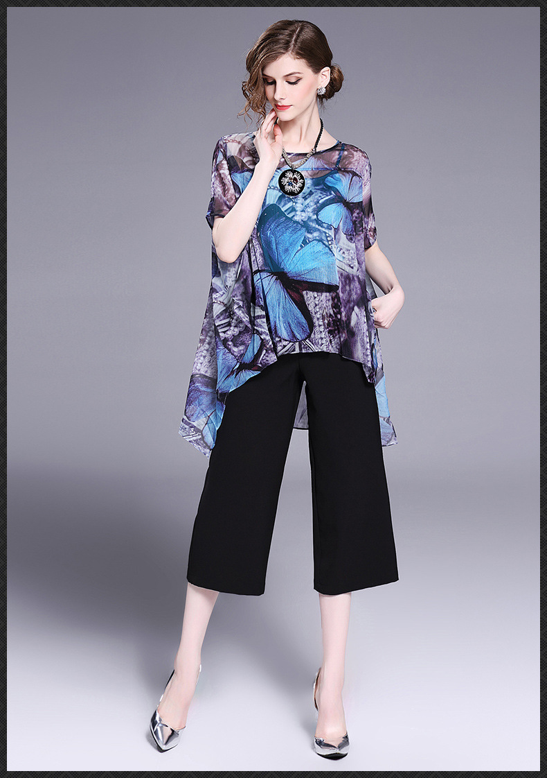 法米姿  夏季新款时尚印花蝙蝠衫性感透视宽松雪纺上衣打底衫 37025