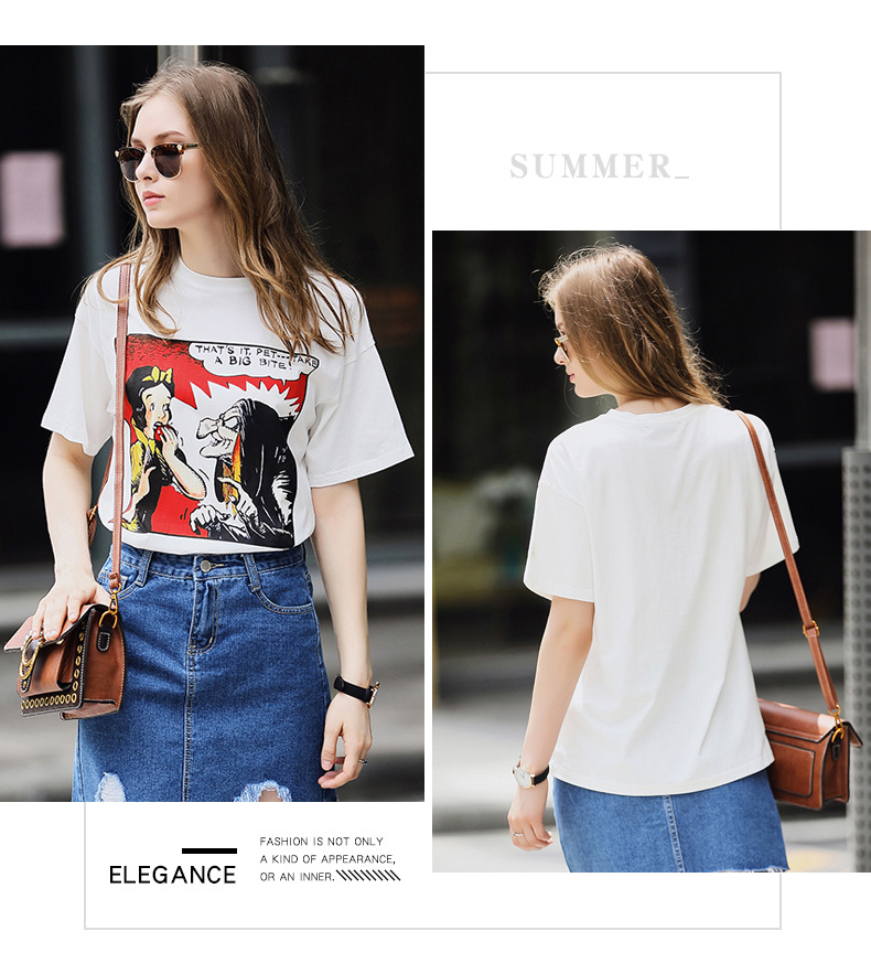 法米姿  夏季新款bf风韩版学生中长款宽松印花短袖T恤38049