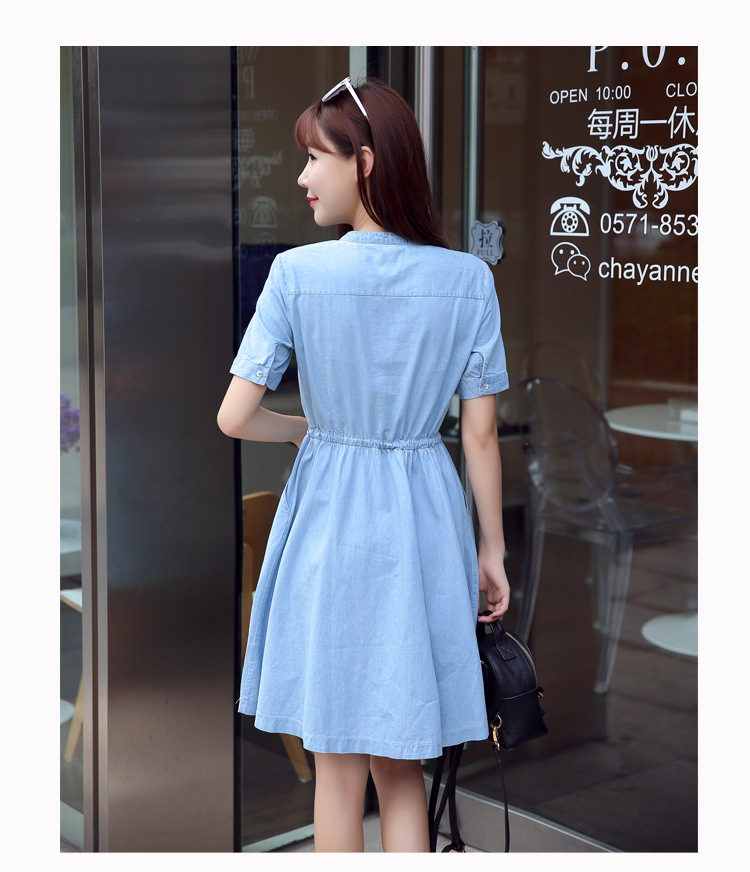 乡情浓    夏装新款女装韩版中长款高腰裙短袖衬衫式牛仔连衣裙8079