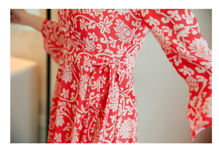 法米姿    雪纺碎花连衣裙女夏季新款韩版红色气质印花裙子女装8072