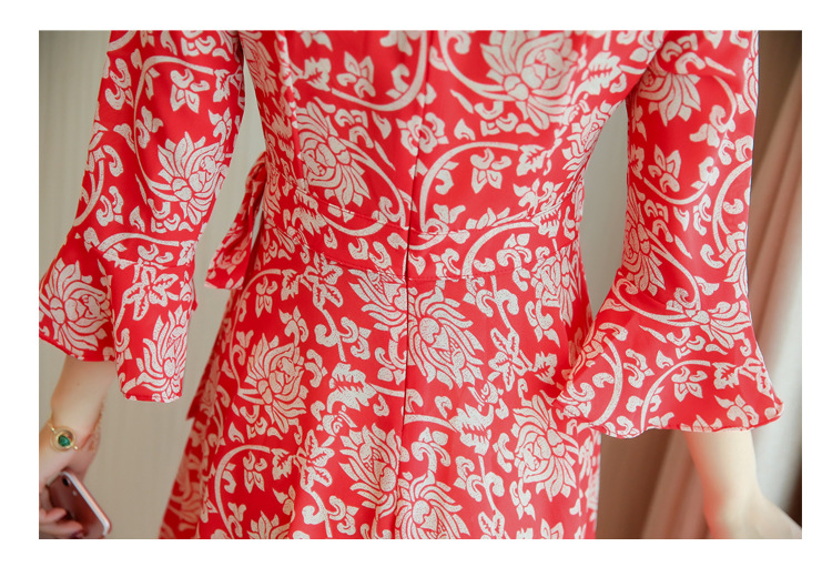 法米姿    雪纺碎花连衣裙女夏季新款韩版红色气质印花裙子女装8072