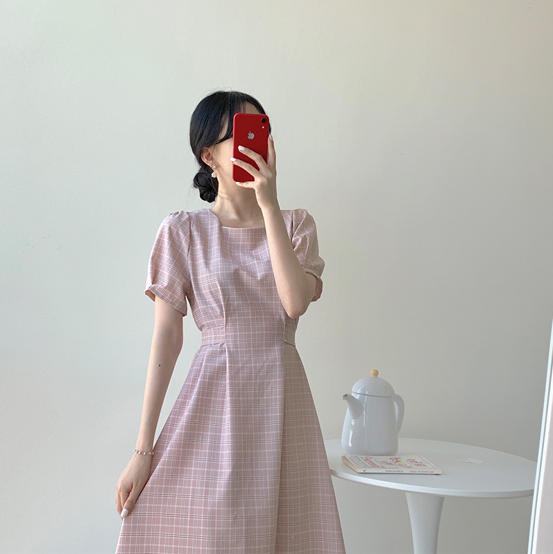 韩国夏季新款女装格子连衣裙复古气质方领中长款系带连衣