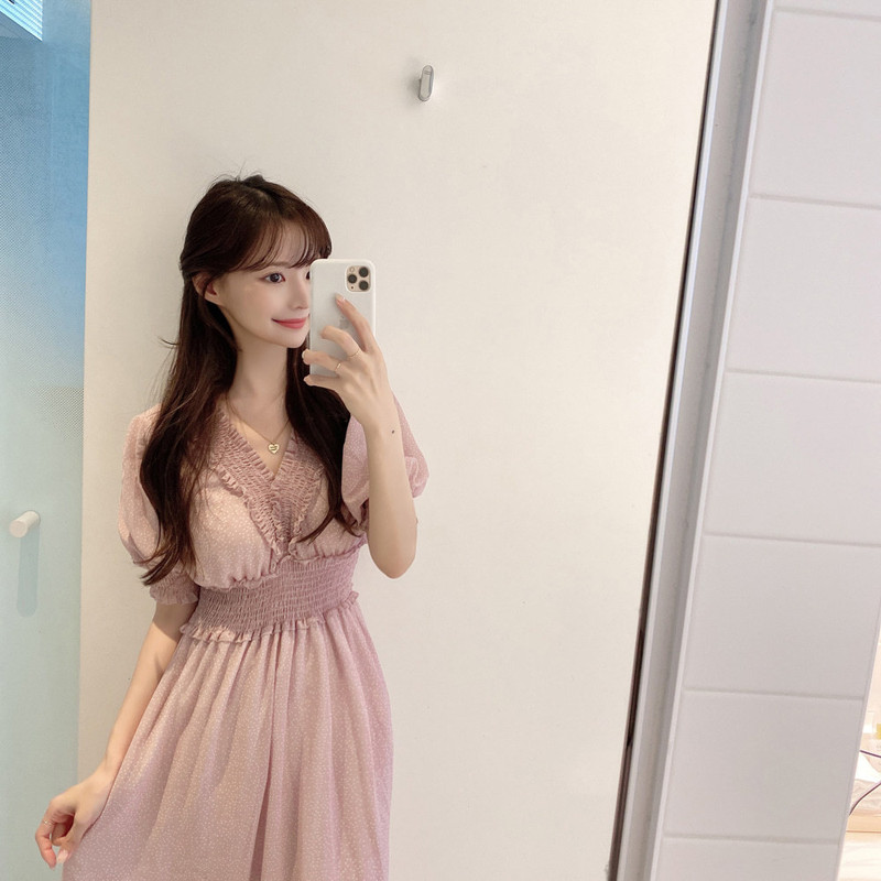 韩版新款时尚潮流裙子夏天甜美木耳边印花雪纺连衣裙
