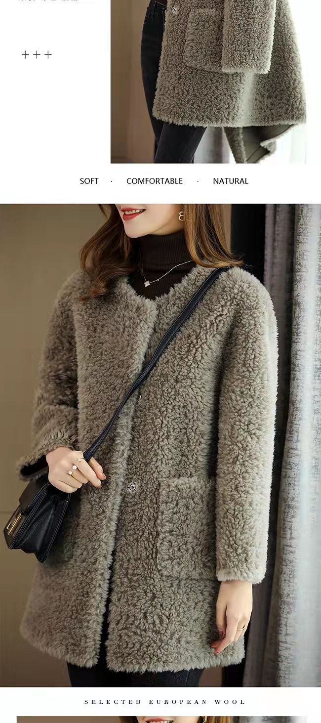 乡情浓 冬季新款海宁颗粒羊剪绒大衣皮草外套中长款羊羔毛