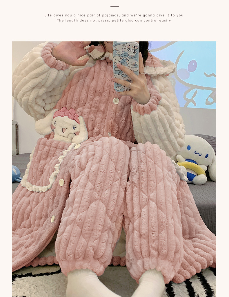 法米姿 超厚卡通长款睡袍套装睡衣女加绒加厚三层夹棉冬季款珊瑚绒
