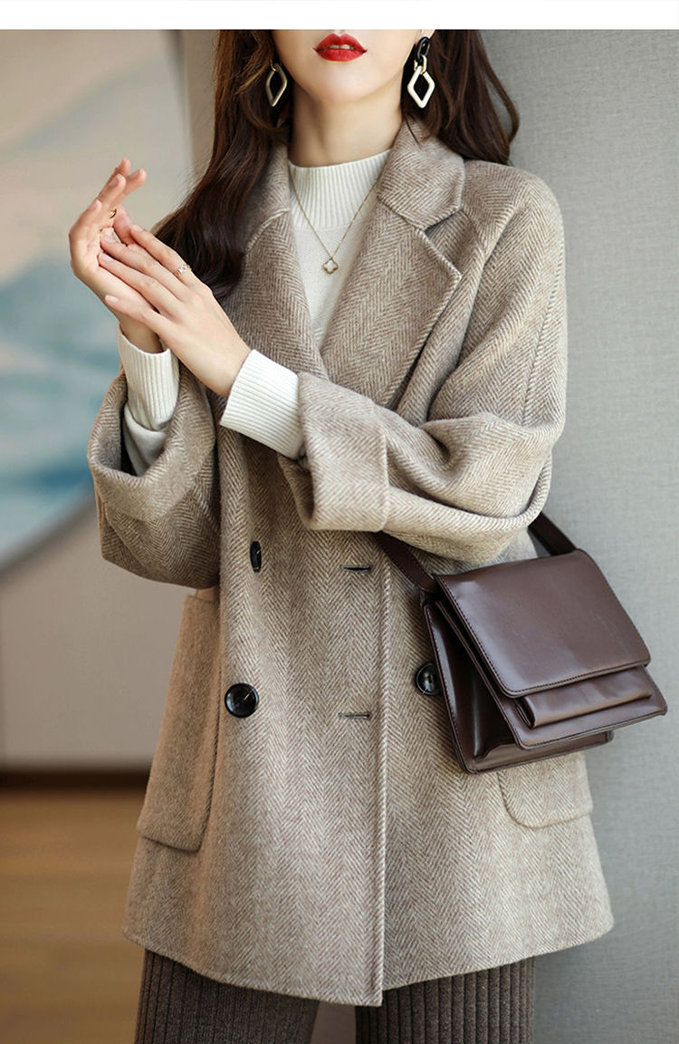 法米姿 双面绒大衣女装韩版人字纹秋冬新款洋气呢子外套