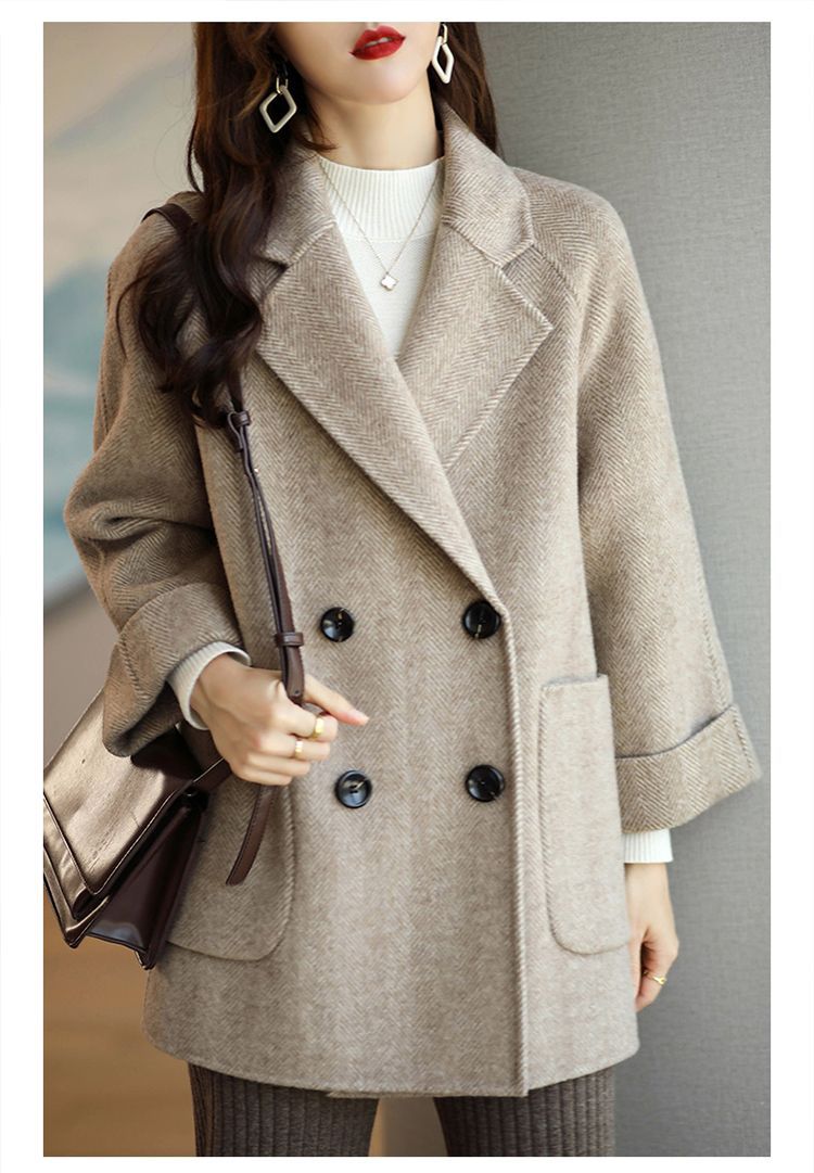 法米姿 双面绒大衣女装韩版人字纹秋冬新款洋气呢子外套