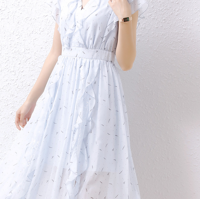 法米姿 蓝色气质蕾丝雪纺连衣裙女夏新款设计感小众荷叶