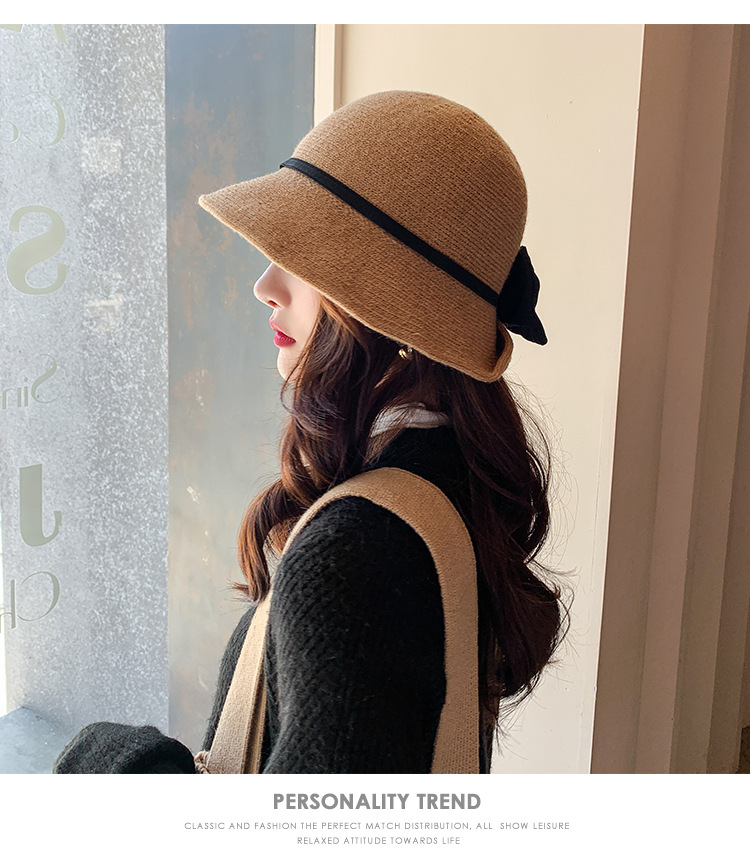 塔尔卡森 秋冬季新款女士蝴蝶结纯色针织渔夫帽简约时尚保暖盆帽子