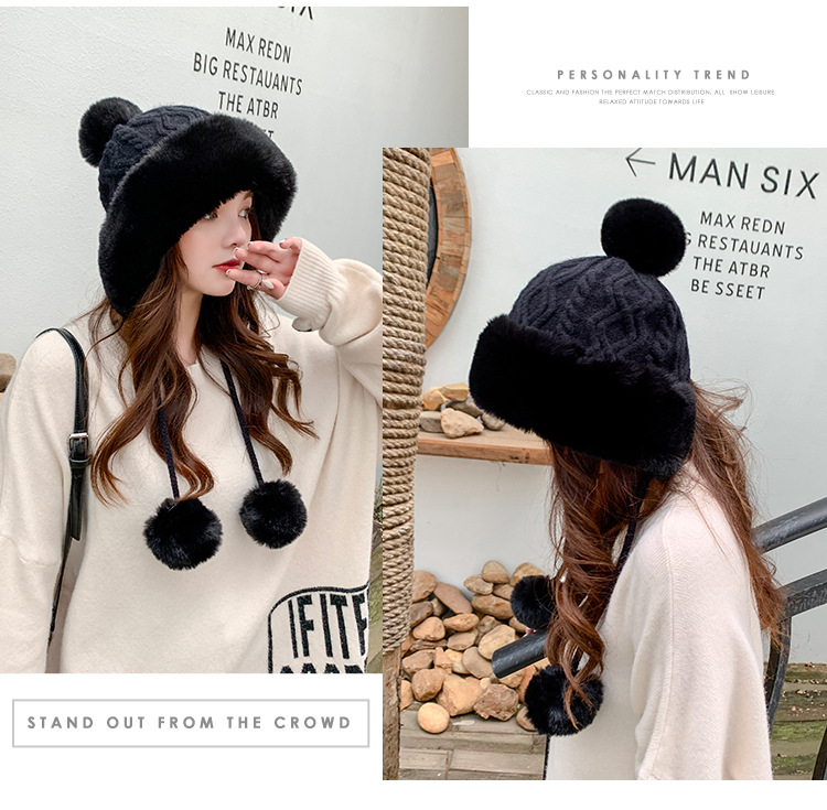塔尔卡森 秋冬季女士可爱卖萌套头帽加绒加厚毛球纯色毛毛针织护耳保暖帽子